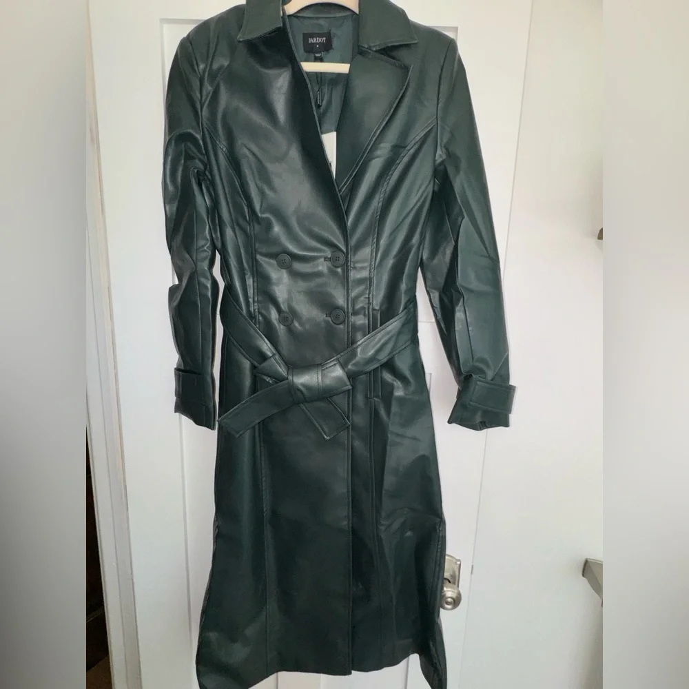 NWT Bardot Faux Leather Trench Coat in Evergreen - Picture 7 of 7